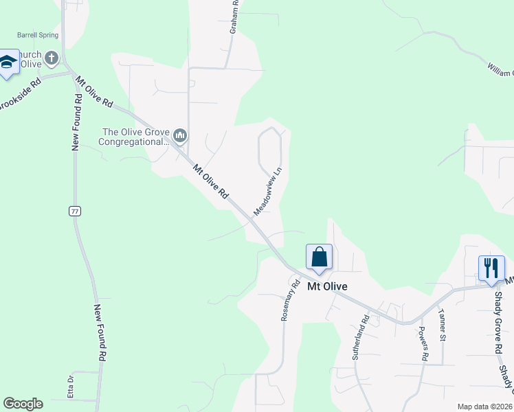 map of restaurants, bars, coffee shops, grocery stores, and more near 5720 Meadowview Lane in Mount Olive