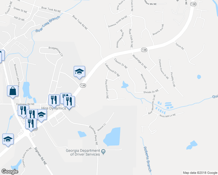 map of restaurants, bars, coffee shops, grocery stores, and more near 1255 Pine Knoll Lane Northeast in Conyers