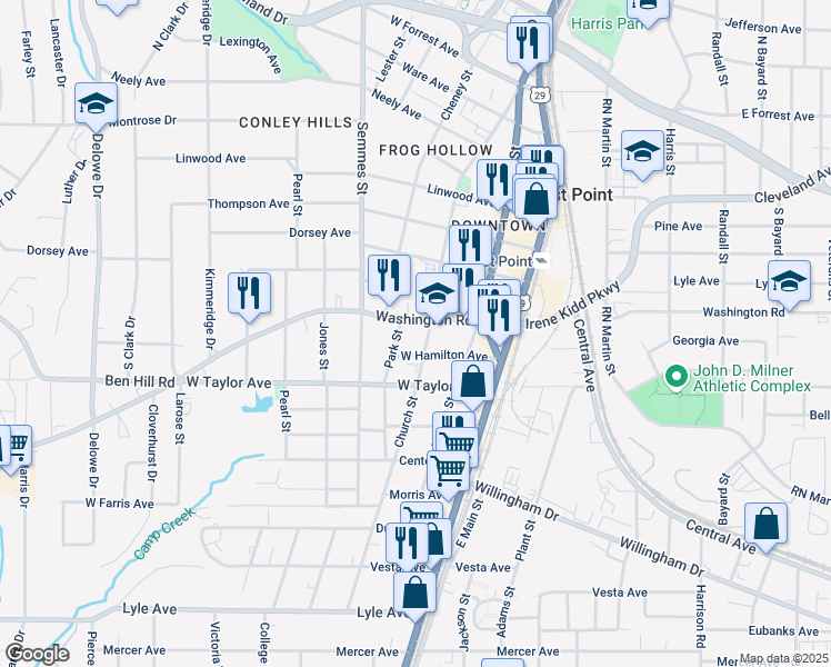 map of restaurants, bars, coffee shops, grocery stores, and more near 1720 Washington Road in East Point