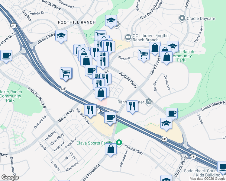 map of restaurants, bars, coffee shops, grocery stores, and more near 125 Primrose Drive in Lake Forest