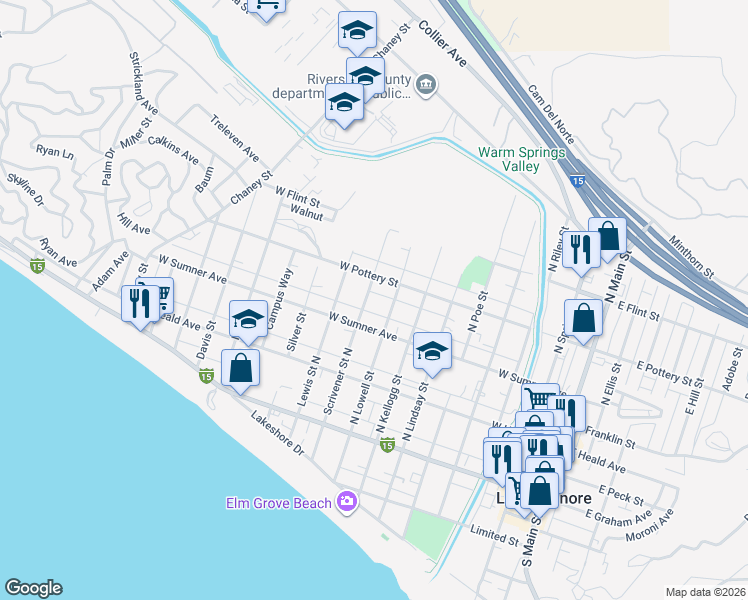 map of restaurants, bars, coffee shops, grocery stores, and more near 311 North Lowell Street in Lake Elsinore