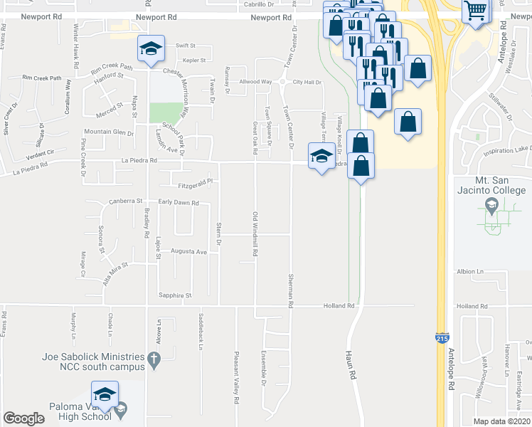 map of restaurants, bars, coffee shops, grocery stores, and more near 30660 Old Windmill Road in Menifee