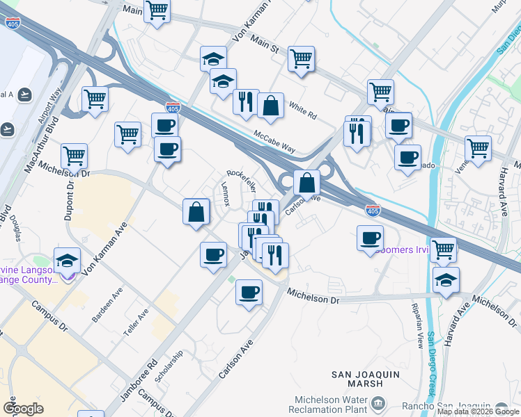 map of restaurants, bars, coffee shops, grocery stores, and more near 124 Tribeca in Irvine