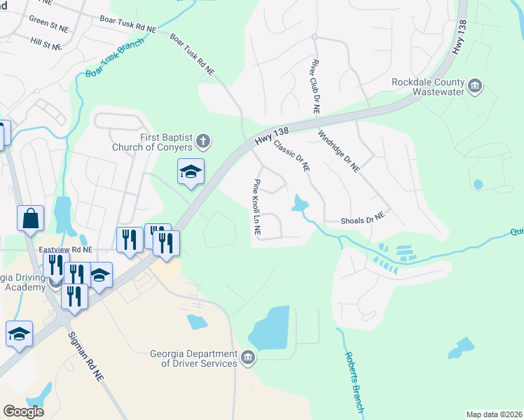 map of restaurants, bars, coffee shops, grocery stores, and more near 1255 Pine Knoll Lane Northeast in Conyers