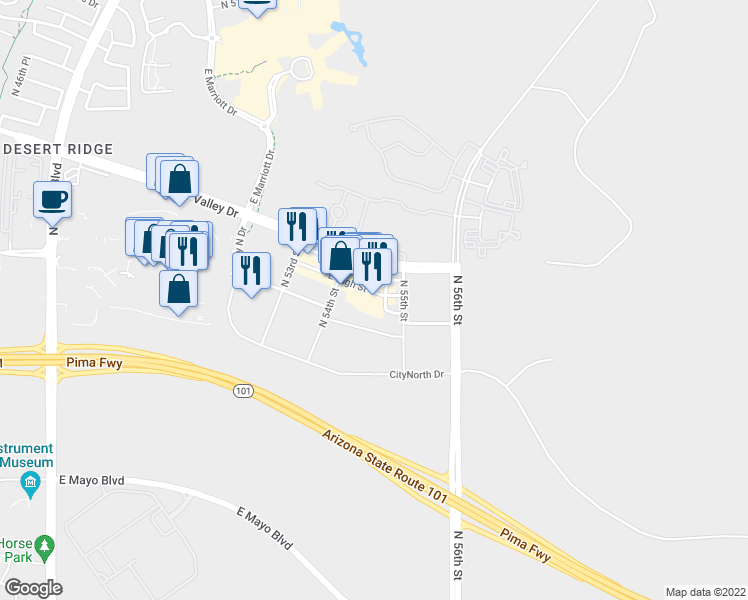 map of restaurants, bars, coffee shops, grocery stores, and more near 5455 East High Street in Phoenix