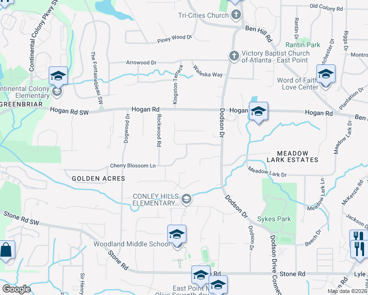 map of restaurants, bars, coffee shops, grocery stores, and more near 2806 Dodson Lee Drive in Atlanta