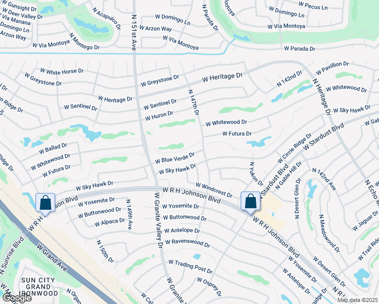 map of restaurants, bars, coffee shops, grocery stores, and more near 14722 West Blue Verde Drive in Sun City West