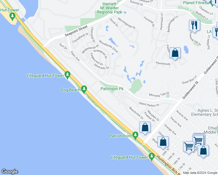 map of restaurants, bars, coffee shops, grocery stores, and more near 6200 Palm Avenue in Huntington Beach