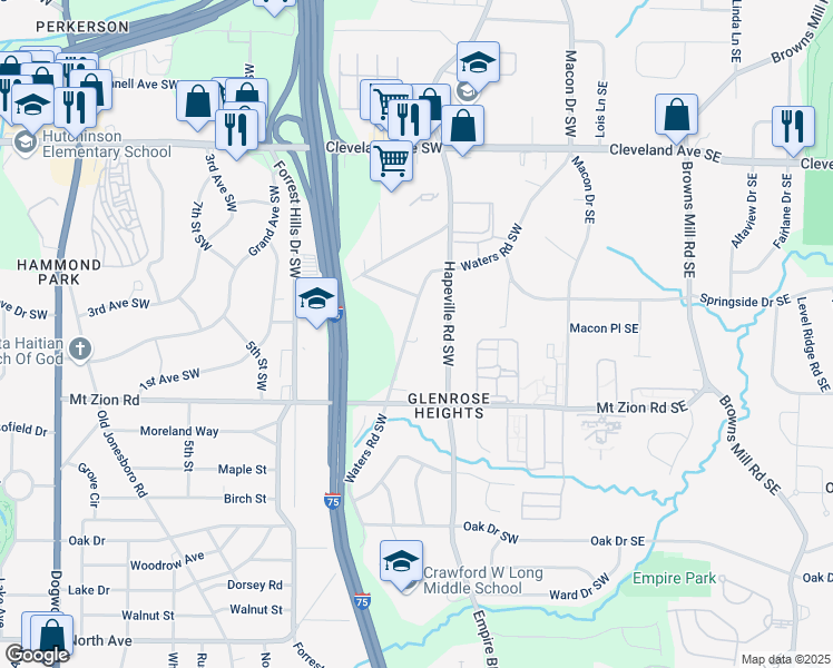 map of restaurants, bars, coffee shops, grocery stores, and more near 2934 Waters Road Southwest in Atlanta