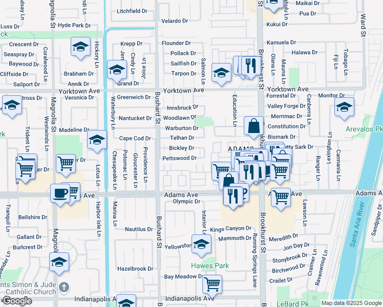 map of restaurants, bars, coffee shops, grocery stores, and more near 9682 Bickley Drive in Huntington Beach