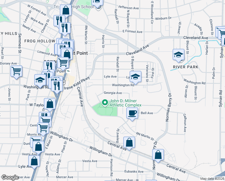 map of restaurants, bars, coffee shops, grocery stores, and more near 1387 Georgia Avenue in East Point