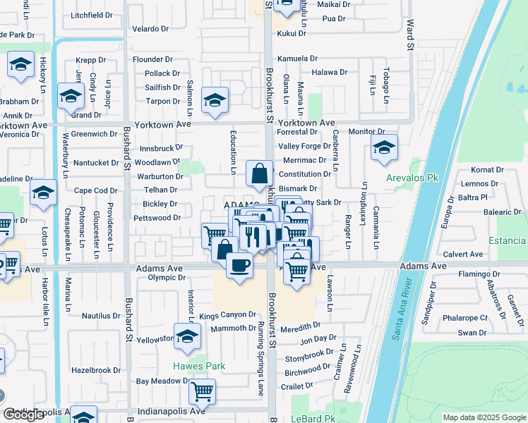 map of restaurants, bars, coffee shops, grocery stores, and more near 19801 Brookhurst Street in Huntington Beach