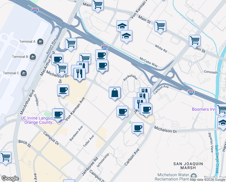map of restaurants, bars, coffee shops, grocery stores, and more near 99 Waldorf in Irvine