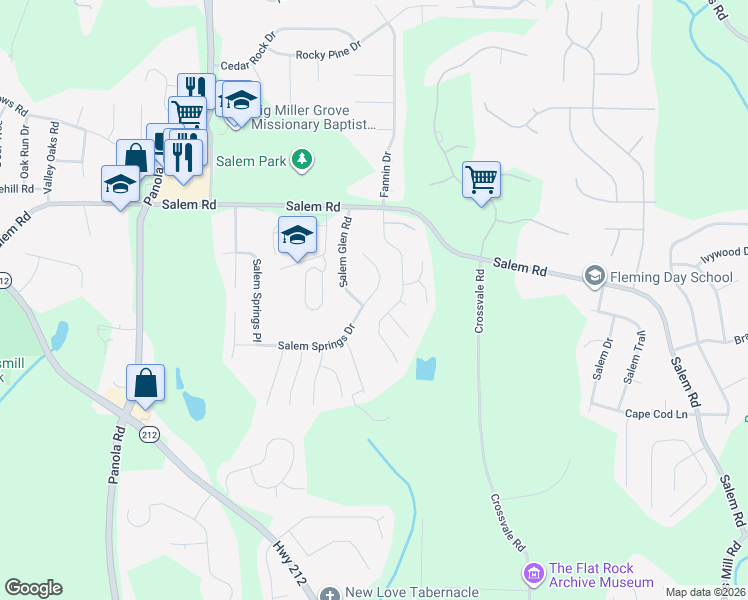 map of restaurants, bars, coffee shops, grocery stores, and more near 5401 Salem Springs Drive in Stonecrest