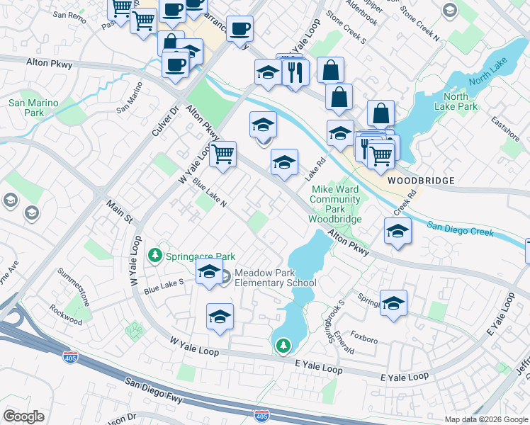 map of restaurants, bars, coffee shops, grocery stores, and more near 94 Smokestone in Irvine