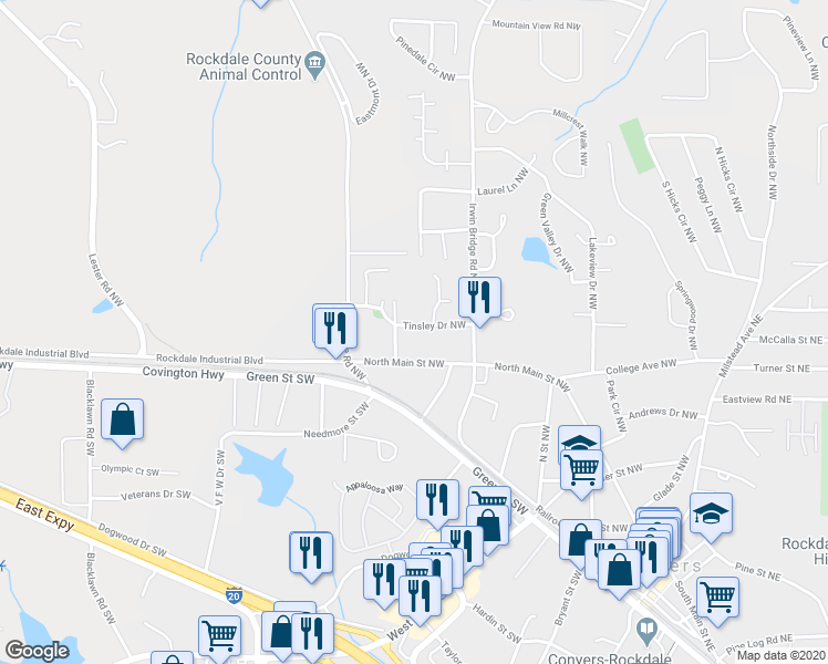 map of restaurants, bars, coffee shops, grocery stores, and more near 1202 Tinsley Drive Northwest in Conyers