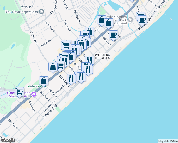 map of restaurants, bars, coffee shops, grocery stores, and more near 1301 South Ocean Boulevard in Myrtle Beach