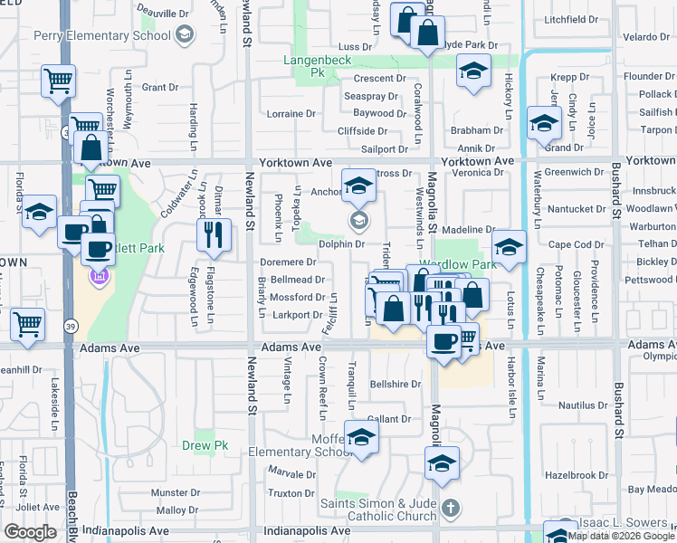 map of restaurants, bars, coffee shops, grocery stores, and more near 19782 Felcliff Lane in Huntington Beach