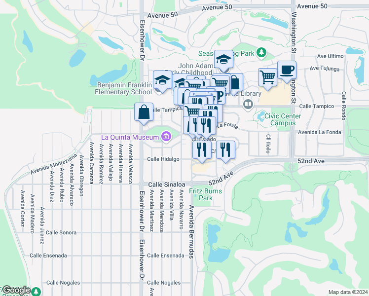 map of restaurants, bars, coffee shops, grocery stores, and more near 51370 Avenue Navarro in La Quinta
