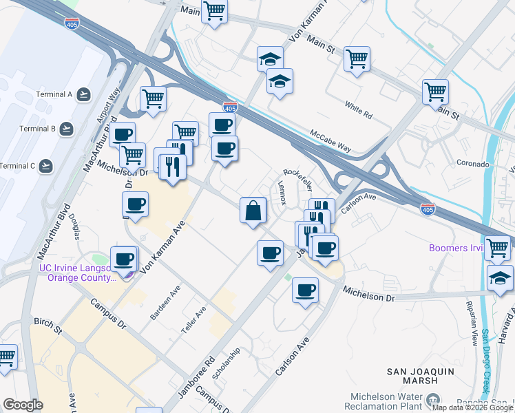 map of restaurants, bars, coffee shops, grocery stores, and more near 99 Waldorf in Irvine