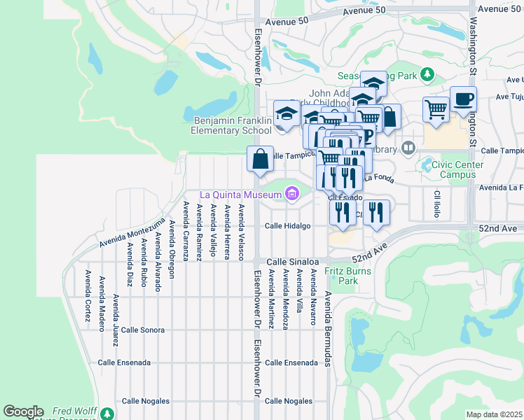map of restaurants, bars, coffee shops, grocery stores, and more near 51360 Eisenhower Drive in La Quinta