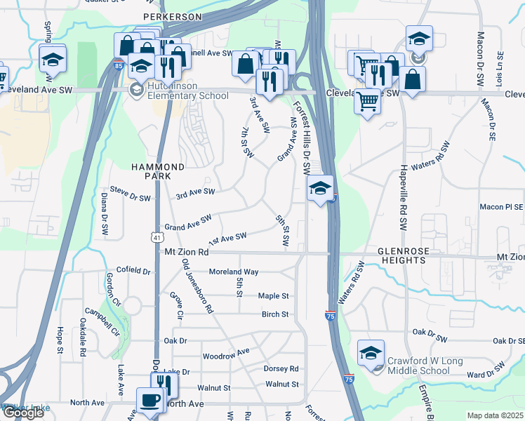 map of restaurants, bars, coffee shops, grocery stores, and more near 2906 Grand Avenue Southwest in Atlanta