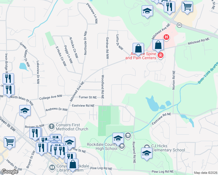 map of restaurants, bars, coffee shops, grocery stores, and more near 1196 Valley Drive Northeast in Conyers