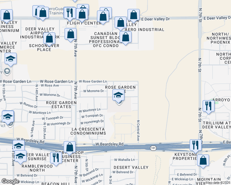 map of restaurants, bars, coffee shops, grocery stores, and more near 156 West Mohawk Lane in Phoenix
