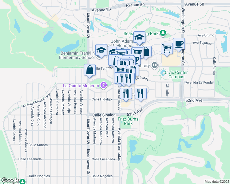map of restaurants, bars, coffee shops, grocery stores, and more near 51370 Avenue Navarro in La Quinta