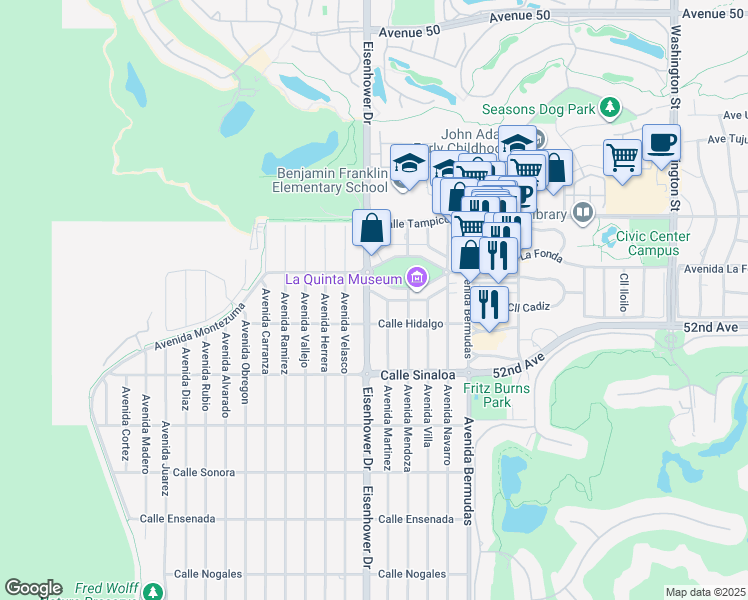 map of restaurants, bars, coffee shops, grocery stores, and more near 51360 Eisenhower Drive in La Quinta