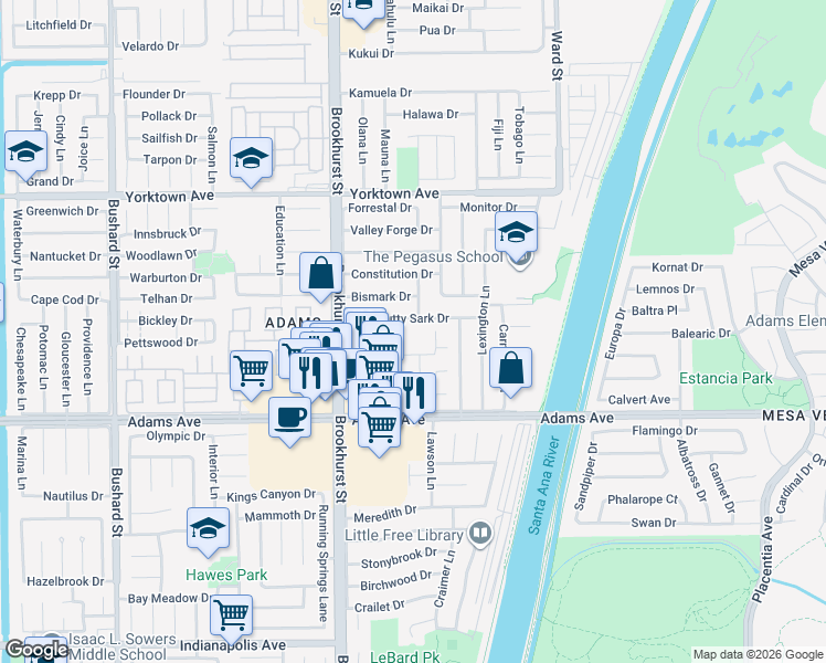 map of restaurants, bars, coffee shops, grocery stores, and more near 10175 Holburn Drive in Huntington Beach