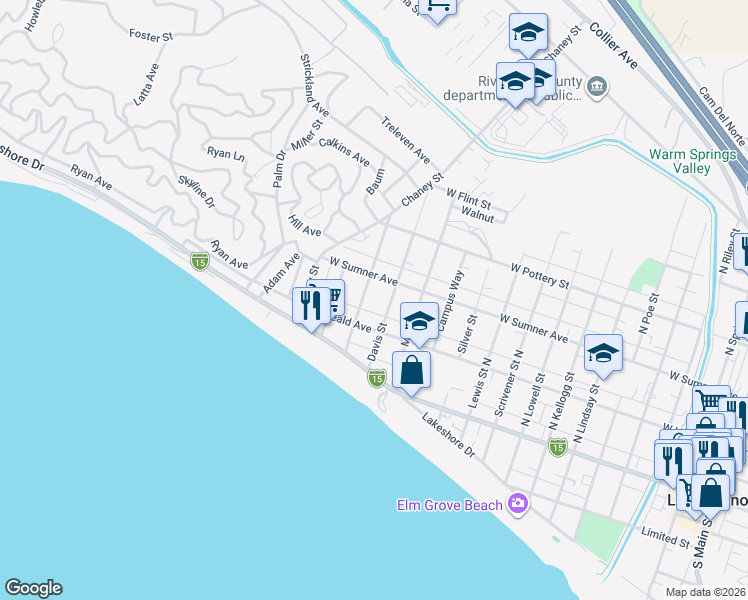 map of restaurants, bars, coffee shops, grocery stores, and more near 31400 Auto Center Drive in Lake Elsinore