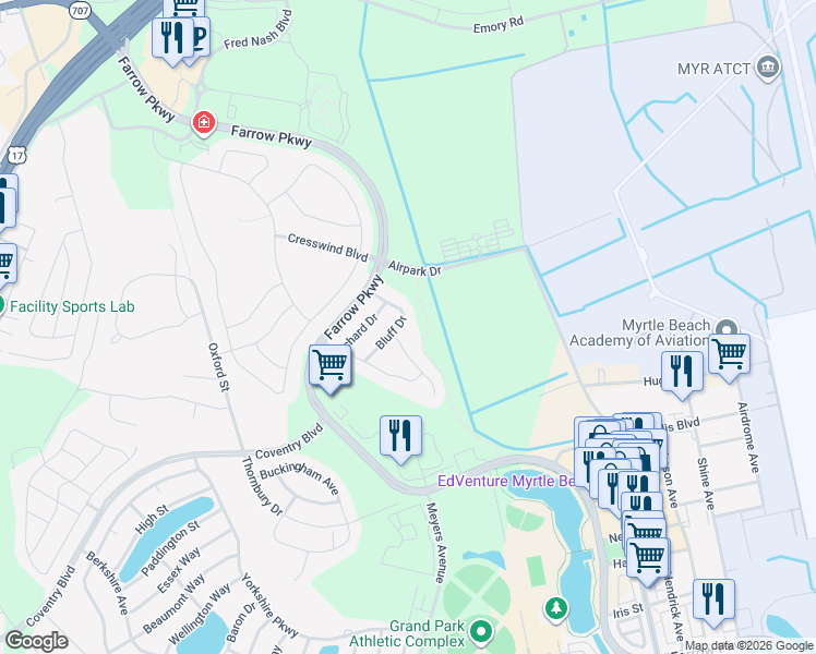 map of restaurants, bars, coffee shops, grocery stores, and more near 1850 Bluff Drive in Myrtle Beach
