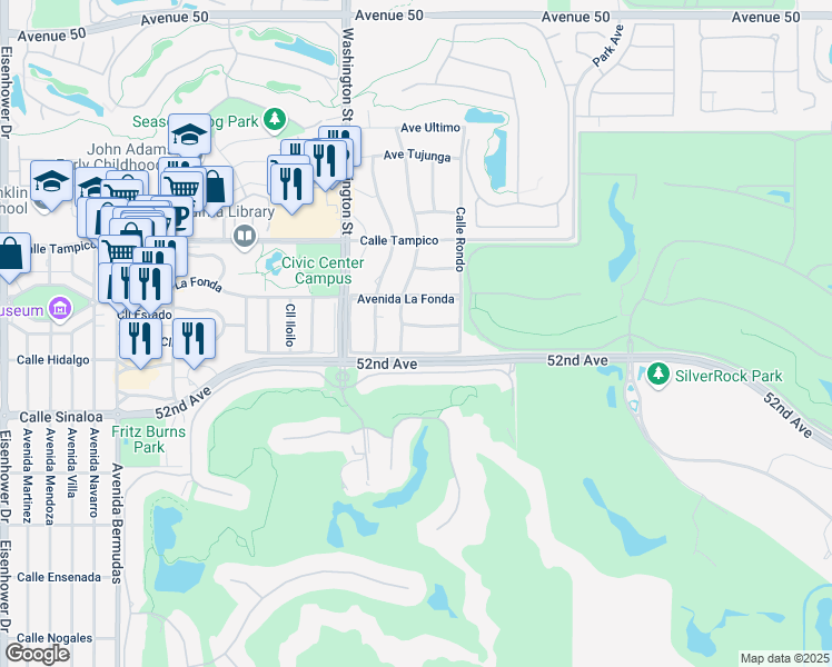 map of restaurants, bars, coffee shops, grocery stores, and more near 78685 Avenue La Torres in La Quinta