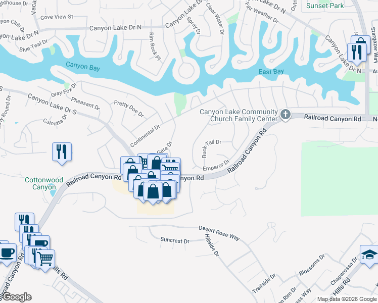 map of restaurants, bars, coffee shops, grocery stores, and more near 31196 Emperor Drive in Canyon Lake
