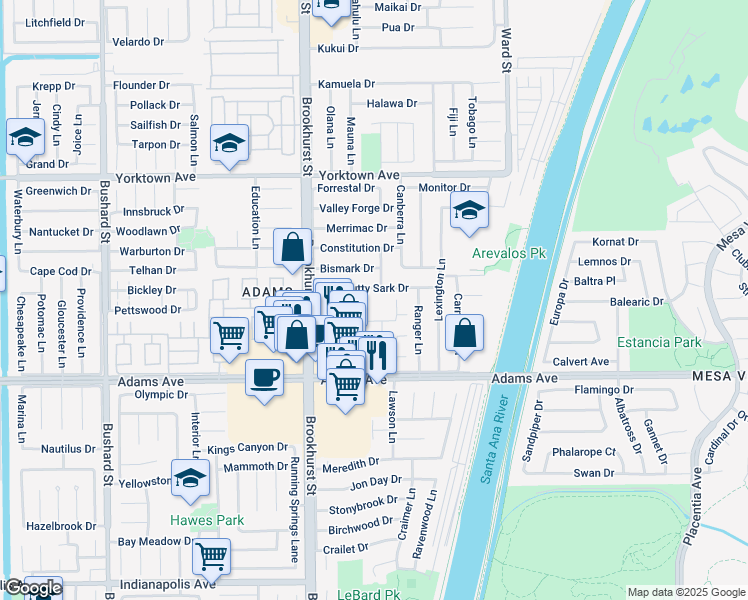 map of restaurants, bars, coffee shops, grocery stores, and more near 10173 Holburn Drive in Huntington Beach