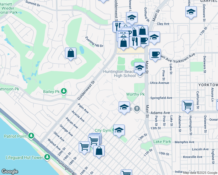 map of restaurants, bars, coffee shops, grocery stores, and more near 19675 Seacliff Lane in Huntington Beach