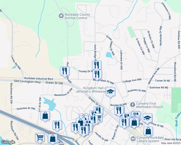 map of restaurants, bars, coffee shops, grocery stores, and more near 1150 Tinsley Drive Northwest in Conyers