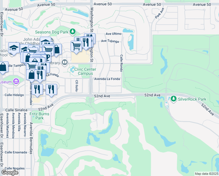 map of restaurants, bars, coffee shops, grocery stores, and more near 78685 Avenue La Torres in La Quinta