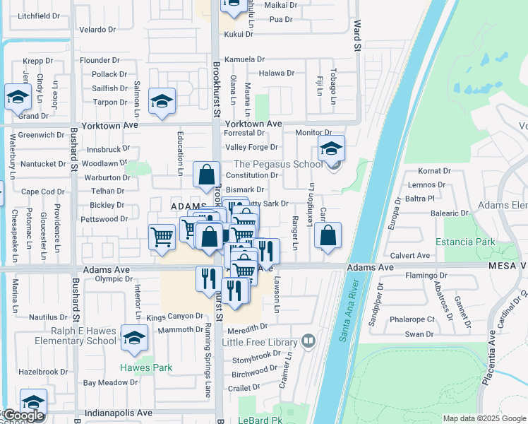 map of restaurants, bars, coffee shops, grocery stores, and more near 10173 Holburn Drive in Huntington Beach