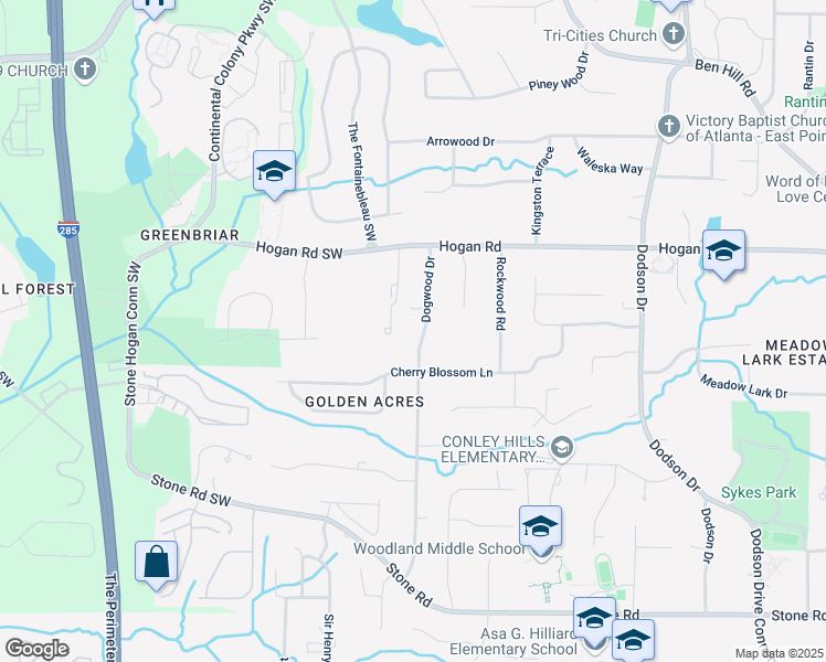 map of restaurants, bars, coffee shops, grocery stores, and more near 2953 Dogwood Drive in East Point