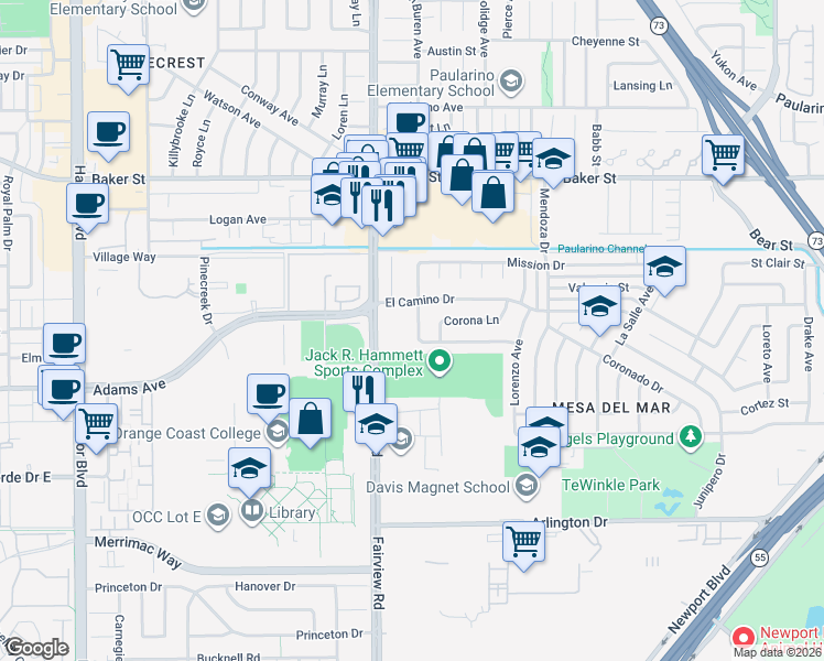 map of restaurants, bars, coffee shops, grocery stores, and more near 2822 Monterey Avenue in Costa Mesa