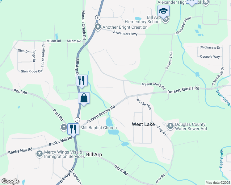map of restaurants, bars, coffee shops, grocery stores, and more near 4801 Pauline Road in Douglasville