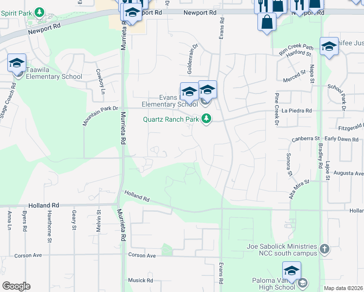 map of restaurants, bars, coffee shops, grocery stores, and more near 30646 Canary Palm Circle in Menifee