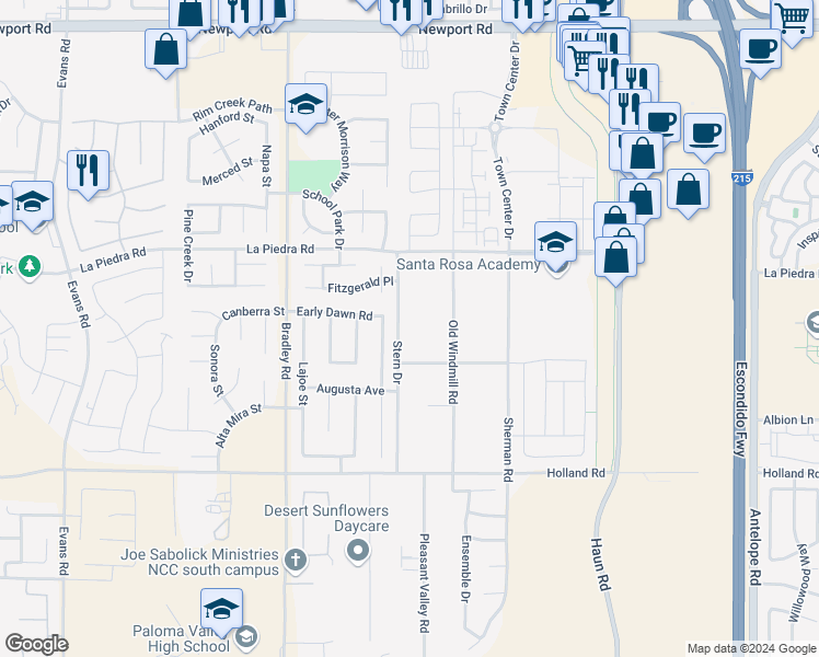 map of restaurants, bars, coffee shops, grocery stores, and more near 30654 Stern Drive in Menifee