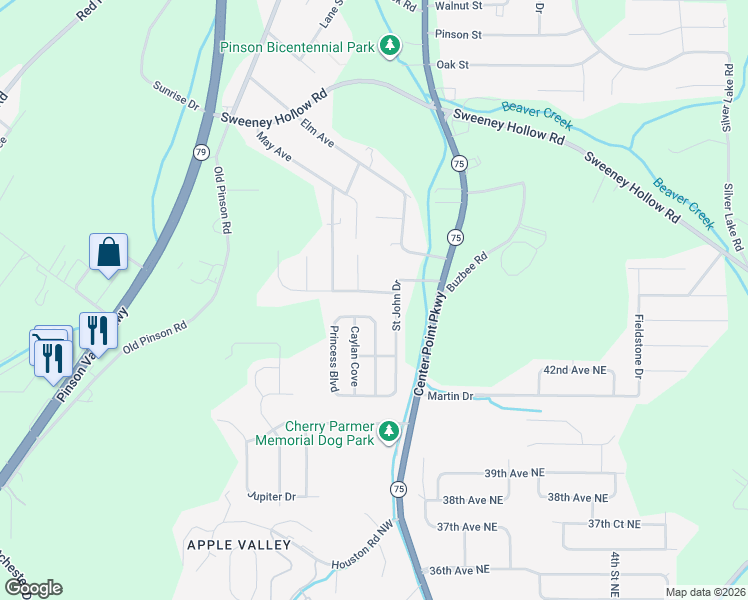 map of restaurants, bars, coffee shops, grocery stores, and more near 313 Saint John Road Northwest in Birmingham