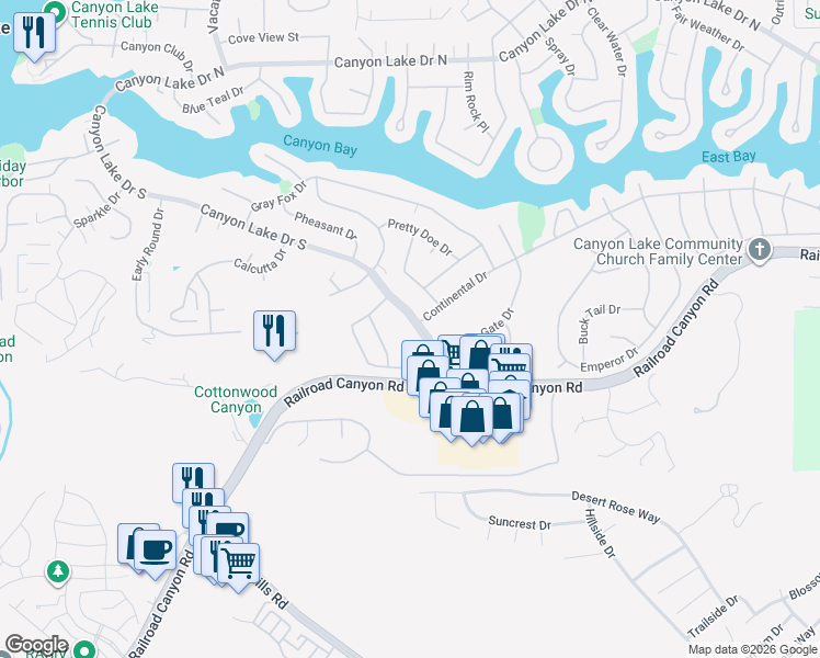 map of restaurants, bars, coffee shops, grocery stores, and more near 23259 Canyon Lake Drive South in Canyon Lake