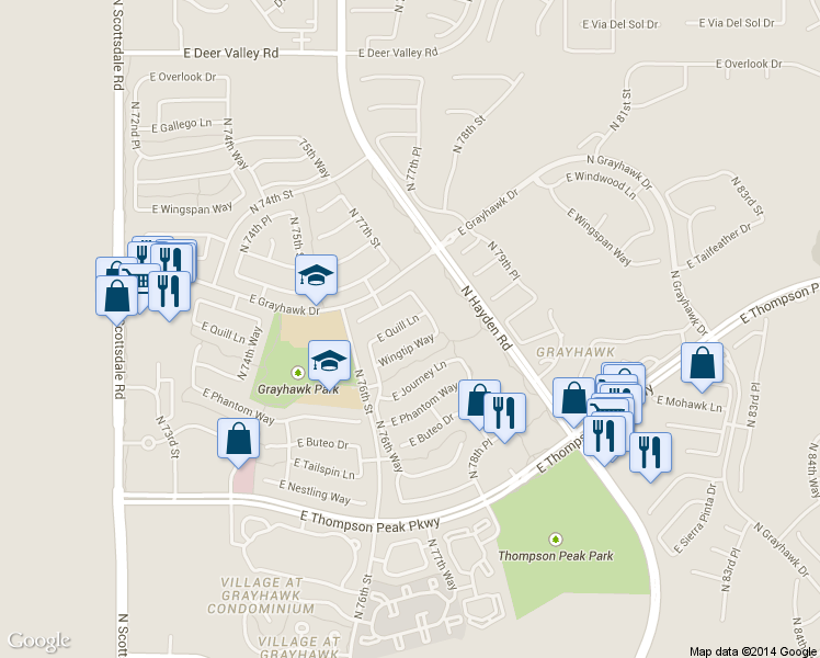 map of restaurants, bars, coffee shops, grocery stores, and more near 7722 Wingtip Way in Scottsdale