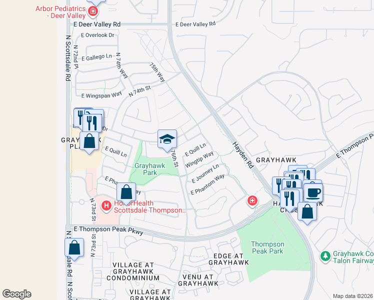 map of restaurants, bars, coffee shops, grocery stores, and more near 7673 East Quill Lane in Scottsdale