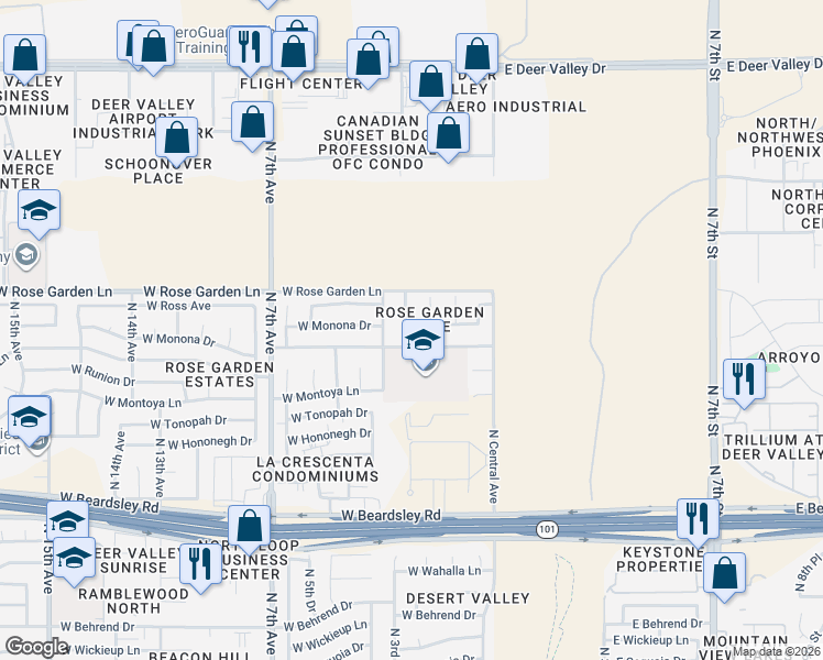 map of restaurants, bars, coffee shops, grocery stores, and more near 156 West Mohawk Lane in Phoenix